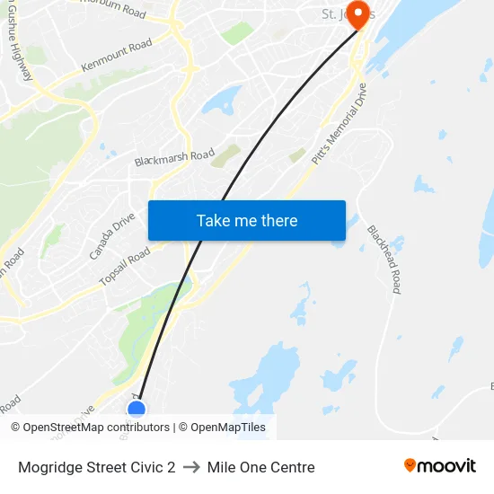 Mogridge Street Civic 2 to Mile One Centre map