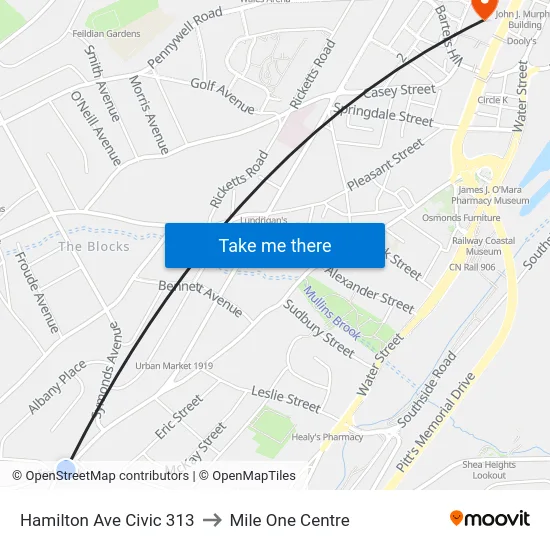 Hamilton Ave Civic 313 to Mile One Centre map