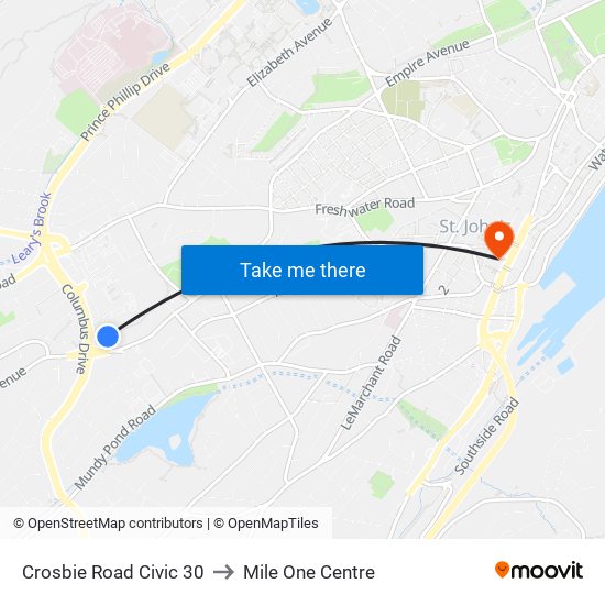 Crosbie Road Civic 30 to Mile One Centre map