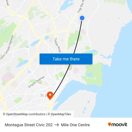 Montague Street Civic 202 to Mile One Centre map