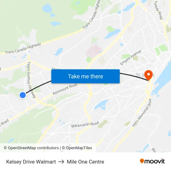 Kelsey Drive Walmart to Mile One Centre map
