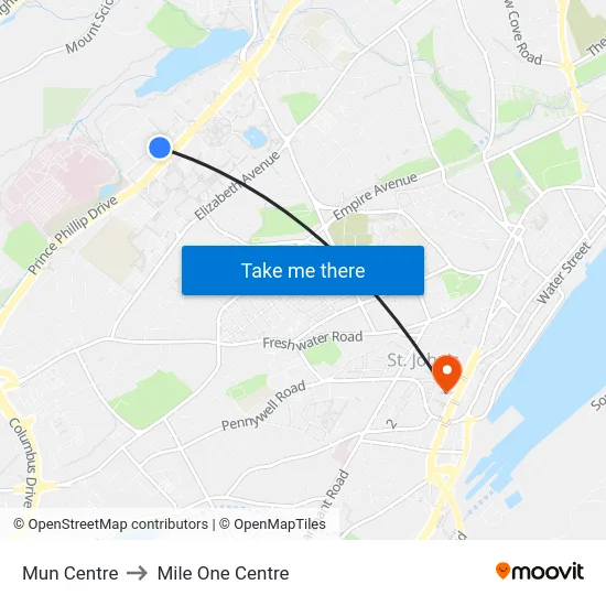 Mun Centre to Mile One Centre map