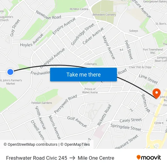Freshwater Road Civic 245 to Mile One Centre map