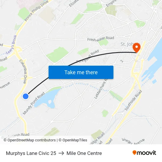 Murphys Lane Civic 25 to Mile One Centre map