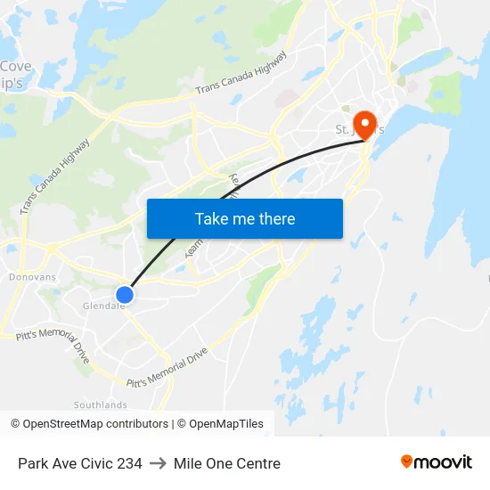 Park Ave Civic 234 to Mile One Centre map