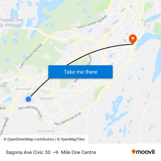 Sagona Ave Civic 30 to Mile One Centre map