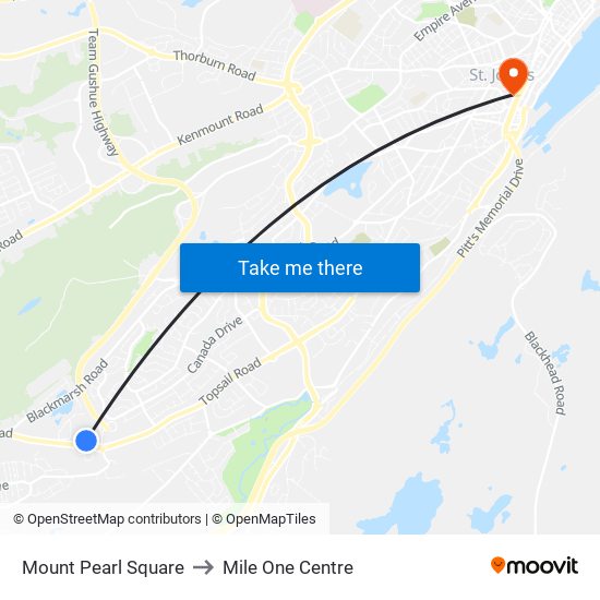 Mount Pearl Square to Mile One Centre map