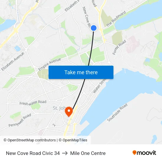 New Cove Road Civic 34 to Mile One Centre map