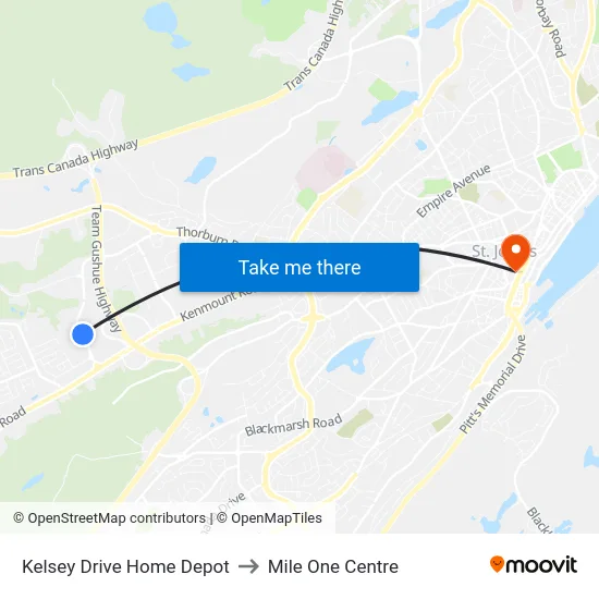 Kelsey Drive Home Depot to Mile One Centre map