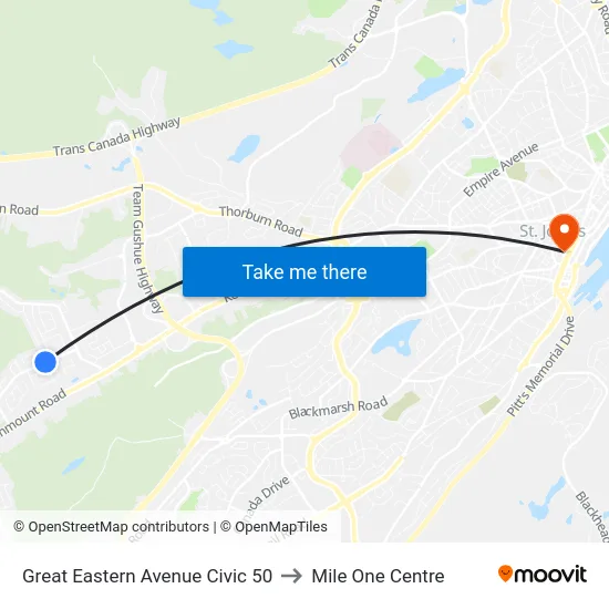 Great Eastern Avenue Civic 50 to Mile One Centre map