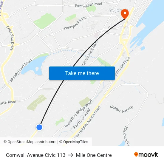 Cornwall Avenue Civic 113 to Mile One Centre map
