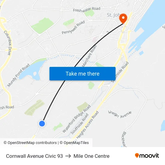Cornwall Avenue Civic 93 to Mile One Centre map