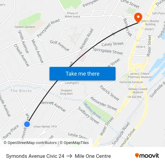 Symonds Avenue Civic 24 to Mile One Centre map
