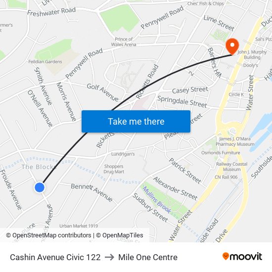 Cashin Avenue Civic 122 to Mile One Centre map