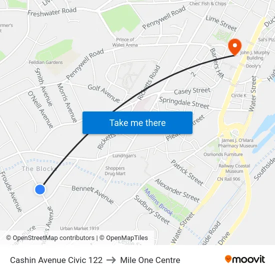 Cashin Avenue Civic 122 to Mile One Centre map