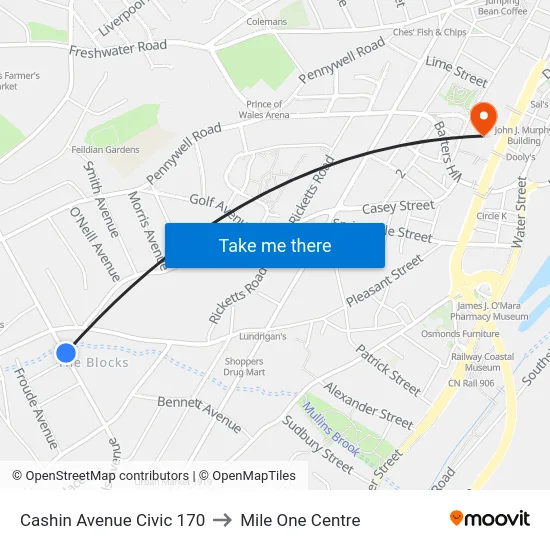 Cashin Avenue Civic 170 to Mile One Centre map
