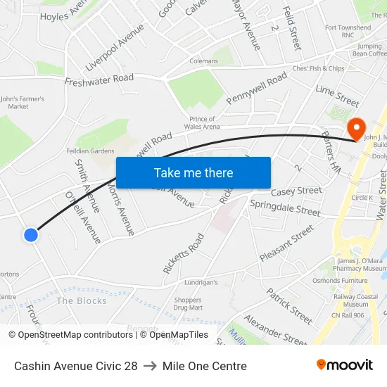 Cashin Avenue Civic 28 to Mile One Centre map