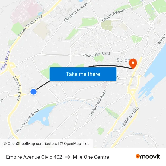 Empire Avenue Civic 402 to Mile One Centre map