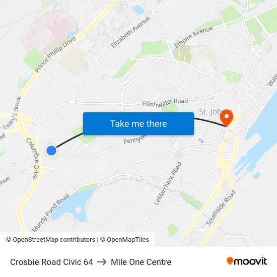Crosbie Road Civic 64 to Mile One Centre map