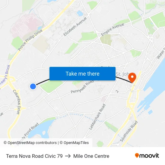 Terra Nova Road Civic 79 to Mile One Centre map