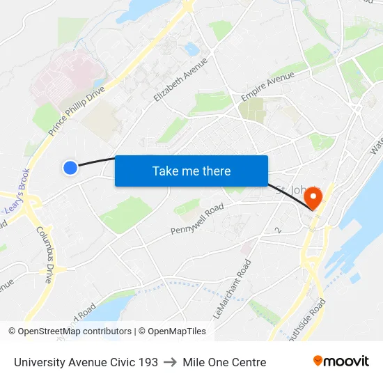 University Avenue Civic 193 to Mile One Centre map