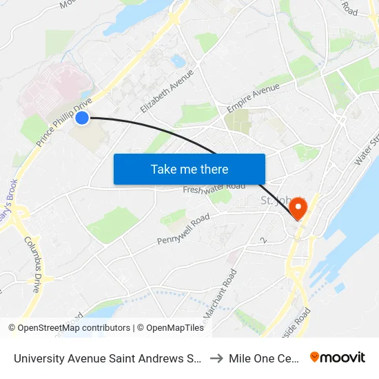 University Ave Before Cbc to Mile One Centre map