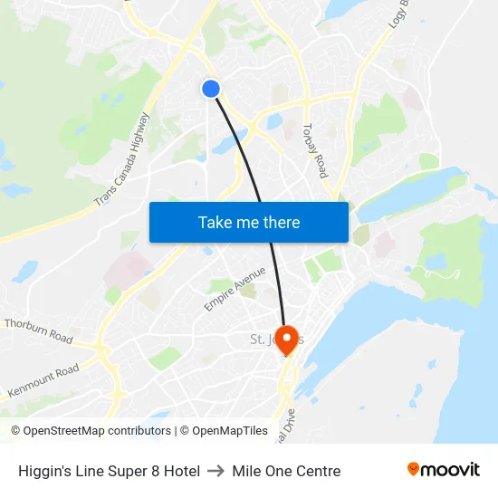 Higgin's Line  Super 8 Hotel to Mile One Centre map