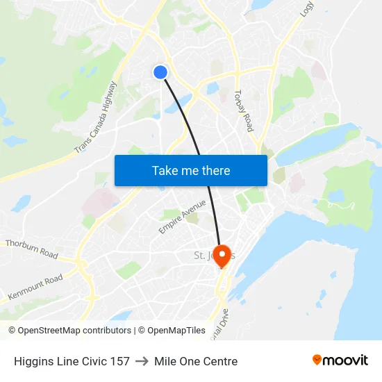 Higgins Line Civic 157 to Mile One Centre map