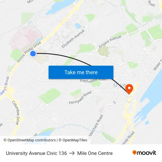 University Avenue Civic 136 to Mile One Centre map