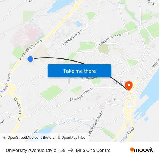 University Avenue Civic 158 to Mile One Centre map