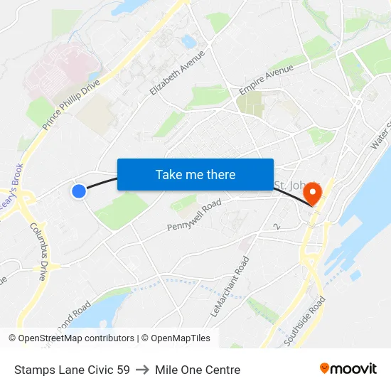 Stamps Lane Civic 59 to Mile One Centre map
