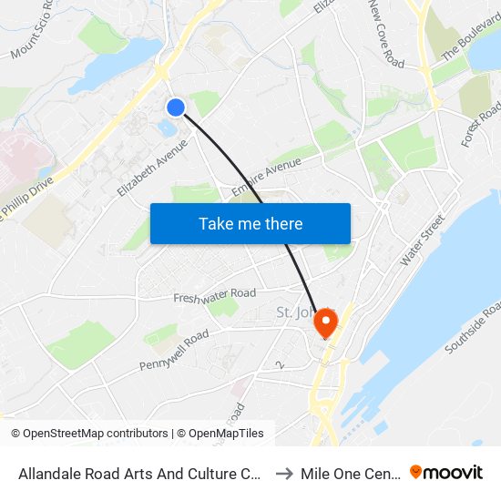 Allandale Road Arts And Culture Centre to Mile One Centre map