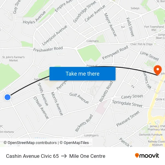 Cashin Avenue Civic 65 to Mile One Centre map