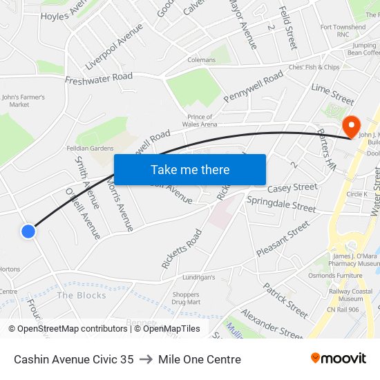 Cashin Avenue Civic 35 to Mile One Centre map