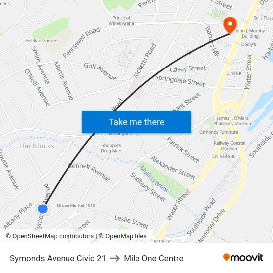 Symonds Avenue Civic 21 to Mile One Centre map