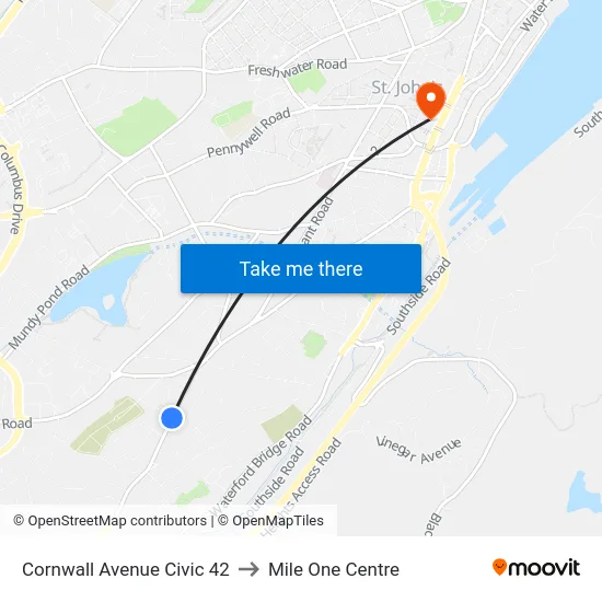 Cornwall Avenue Civic 42 to Mile One Centre map
