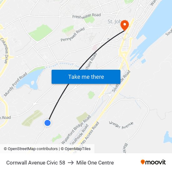 Cornwall Avenue Civic 58 to Mile One Centre map