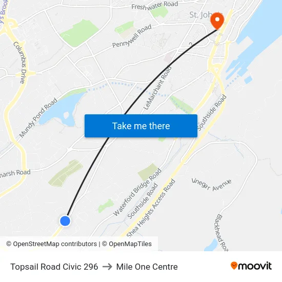 Topsail Road Civic 296 to Mile One Centre map