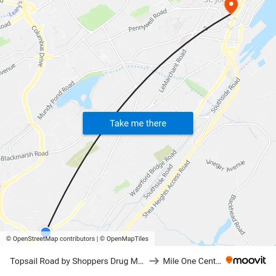 Topsail Road by Shoppers Drug Mart to Mile One Centre map