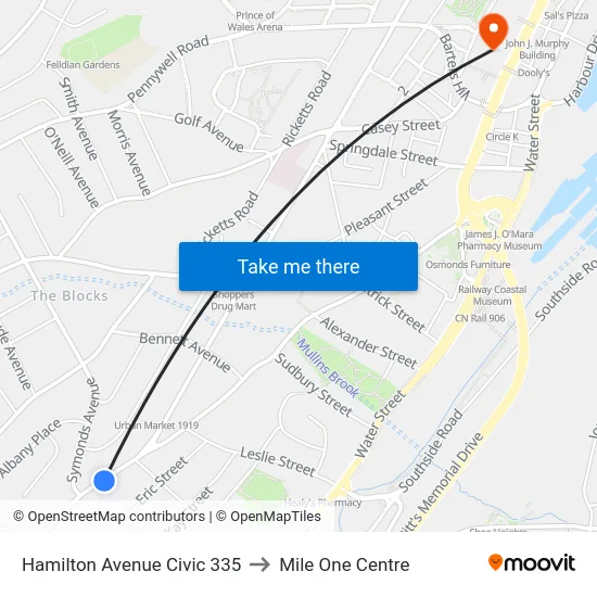 Hamilton Avenue Civic 335 to Mile One Centre map