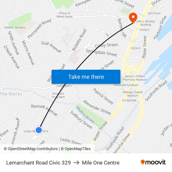 Lemarchant Road Civic 329 to Mile One Centre map