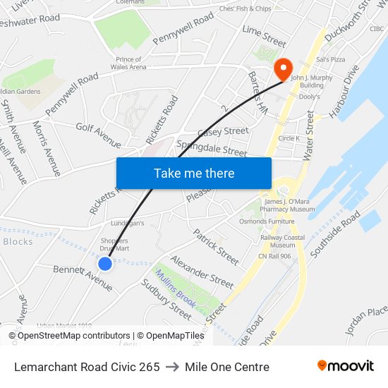 Lemarchant Road Civic 265 to Mile One Centre map