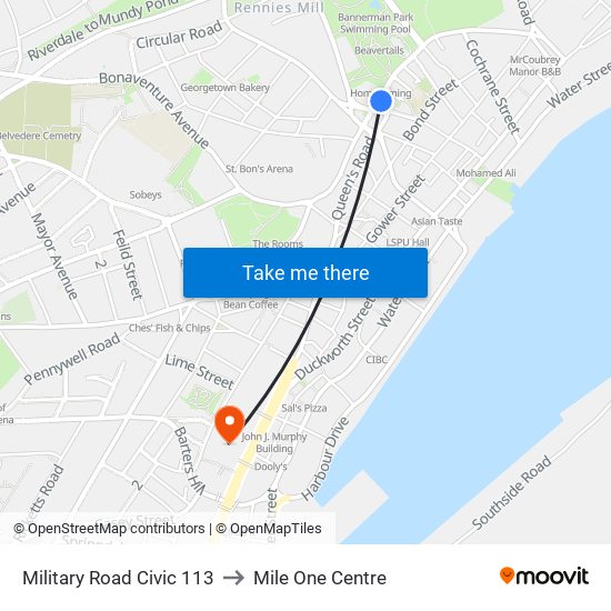 Military Road Civic 113 to Mile One Centre map