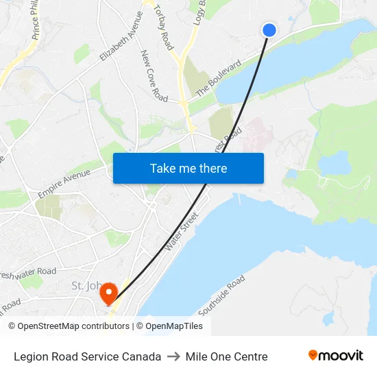 Legion Road Service Canada to Mile One Centre map