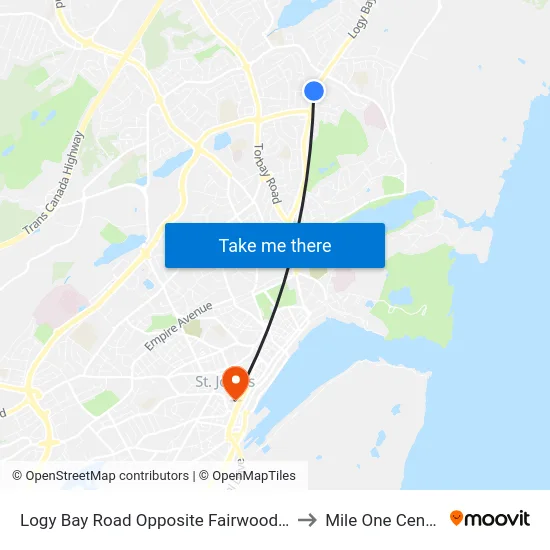 Logy Bay Road Opposite Fairwood St to Mile One Centre map