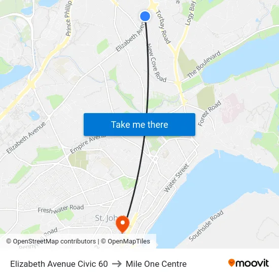 Elizabeth Avenue Civic 60 to Mile One Centre map
