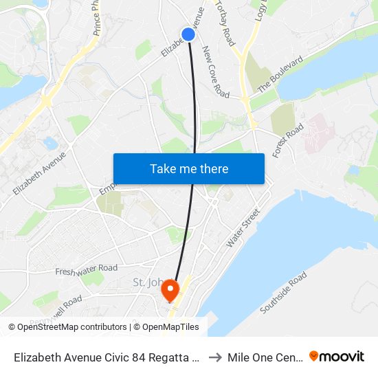 Elizabeth Avenue Civic 84 Regatta Plaza to Mile One Centre map