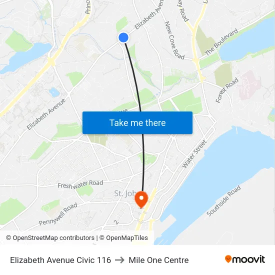 Elizabeth Avenue Civic 116 to Mile One Centre map