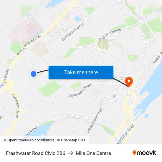 Freshwater Road Civic 286 to Mile One Centre map