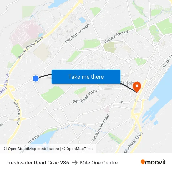 Freshwater Road Civic 286 to Mile One Centre map